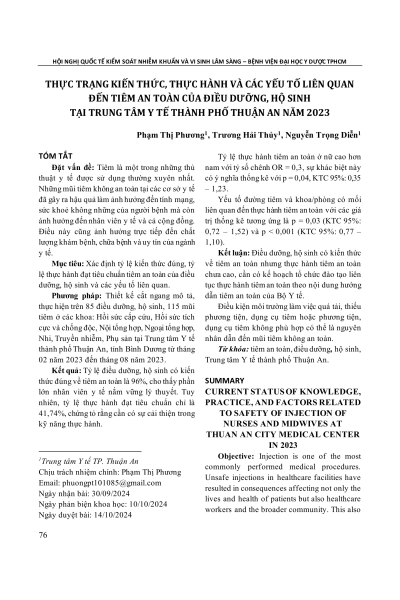 Thực trạng kiến thức, thực hành và các yếu tố liên quan đến tiêm an toàn của điều dưỡng, hộ sinh tại Trung tâm Y tế Thành phố Thuận An năm 2023