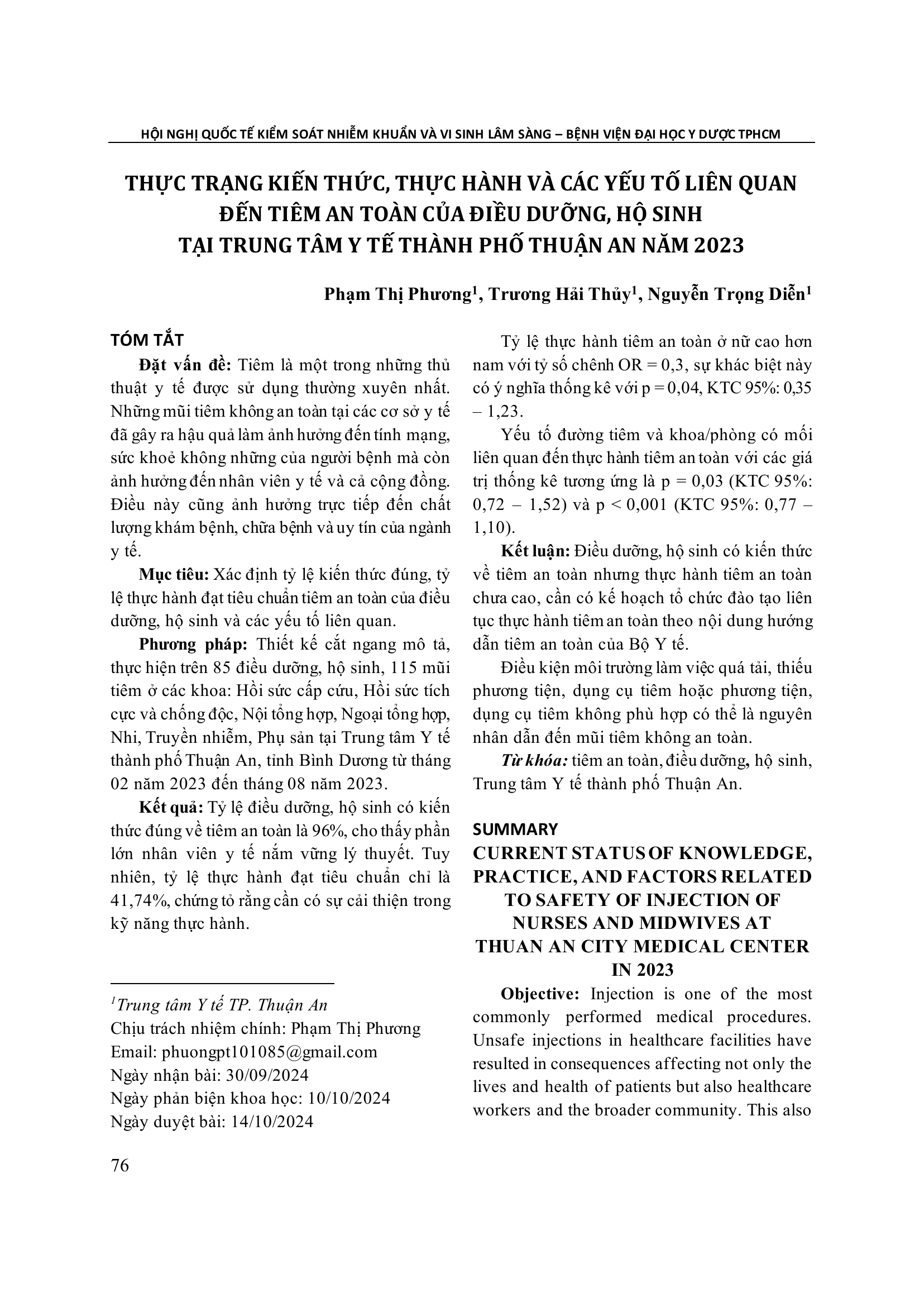 Thực trạng kiến thức, thực hành và các yếu tố liên quan đến tiêm an toàn của điều dưỡng, hộ sinh tại Trung tâm Y tế Thành phố Thuận An năm 2023