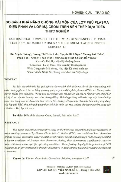 So sánh khả năng chống mài mòn của lớp phủ plasma điện phân và lớp mạ crôm trên nền thép dựa trên thực nghiệm