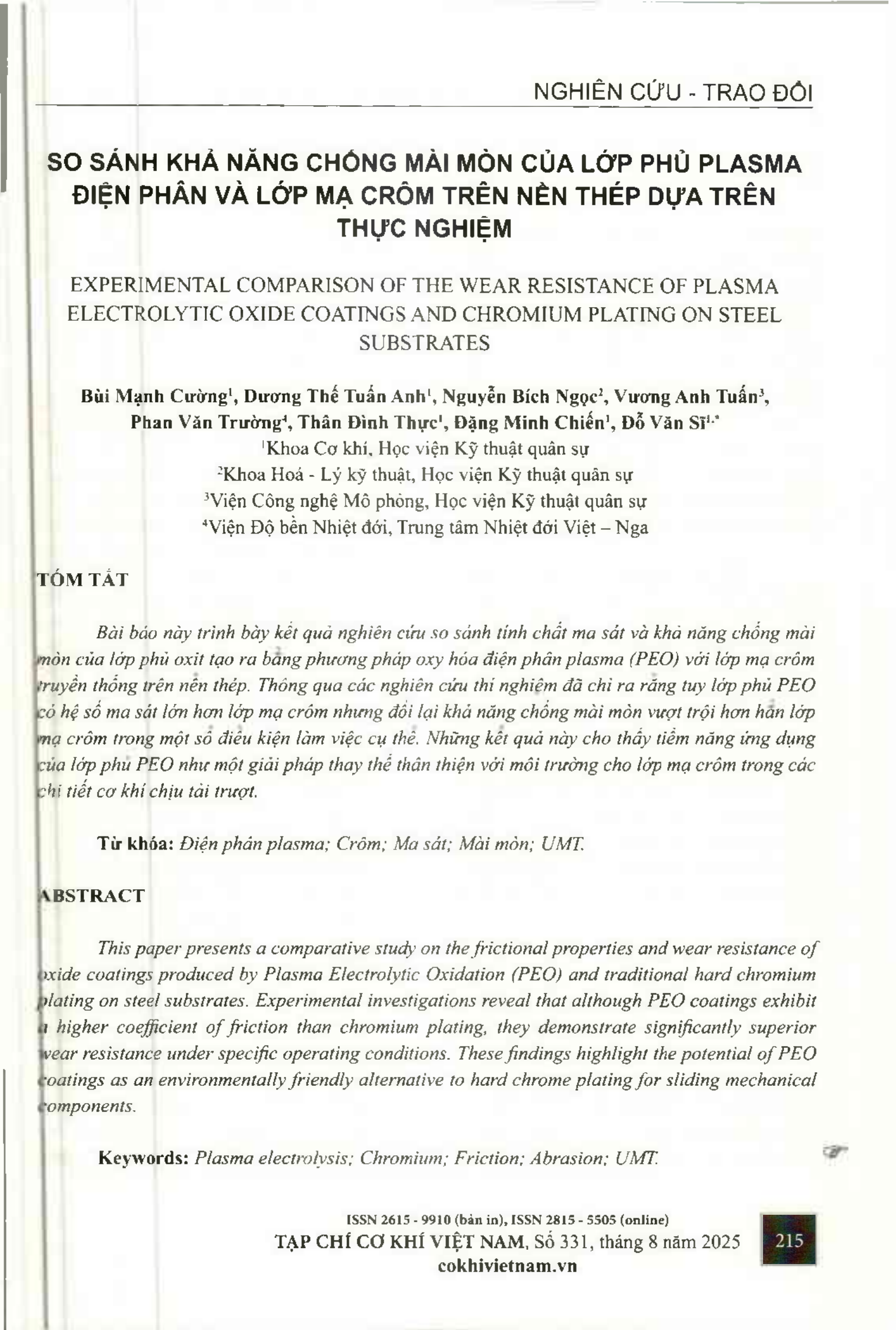 So sánh khả năng chống mài mòn của lớp phủ plasma điện phân và lớp mạ crôm trên nền thép dựa trên thực nghiệm