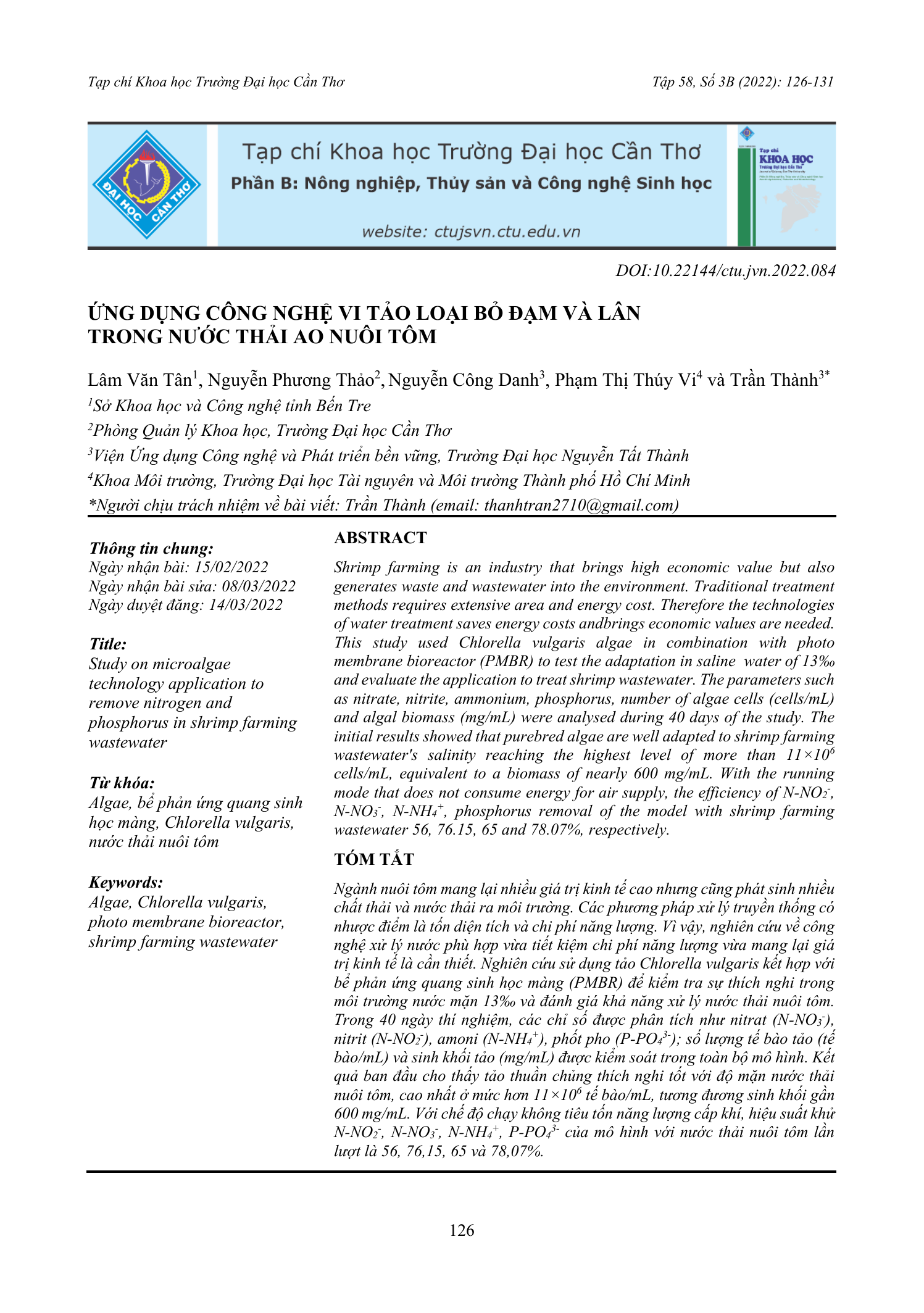 Ứng dụng công nghệ vi tảo loại bỏ đạm và lân trong nước thải ao nuôi tôm
