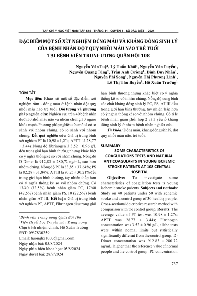 Đặc điểm một số xét nghiệm đông máu và kháng đông sinh lý của bệnh nhân đột quỵ nhồi máu não trẻ tuổi tại bệnh viện Trung ương Quân đội 108