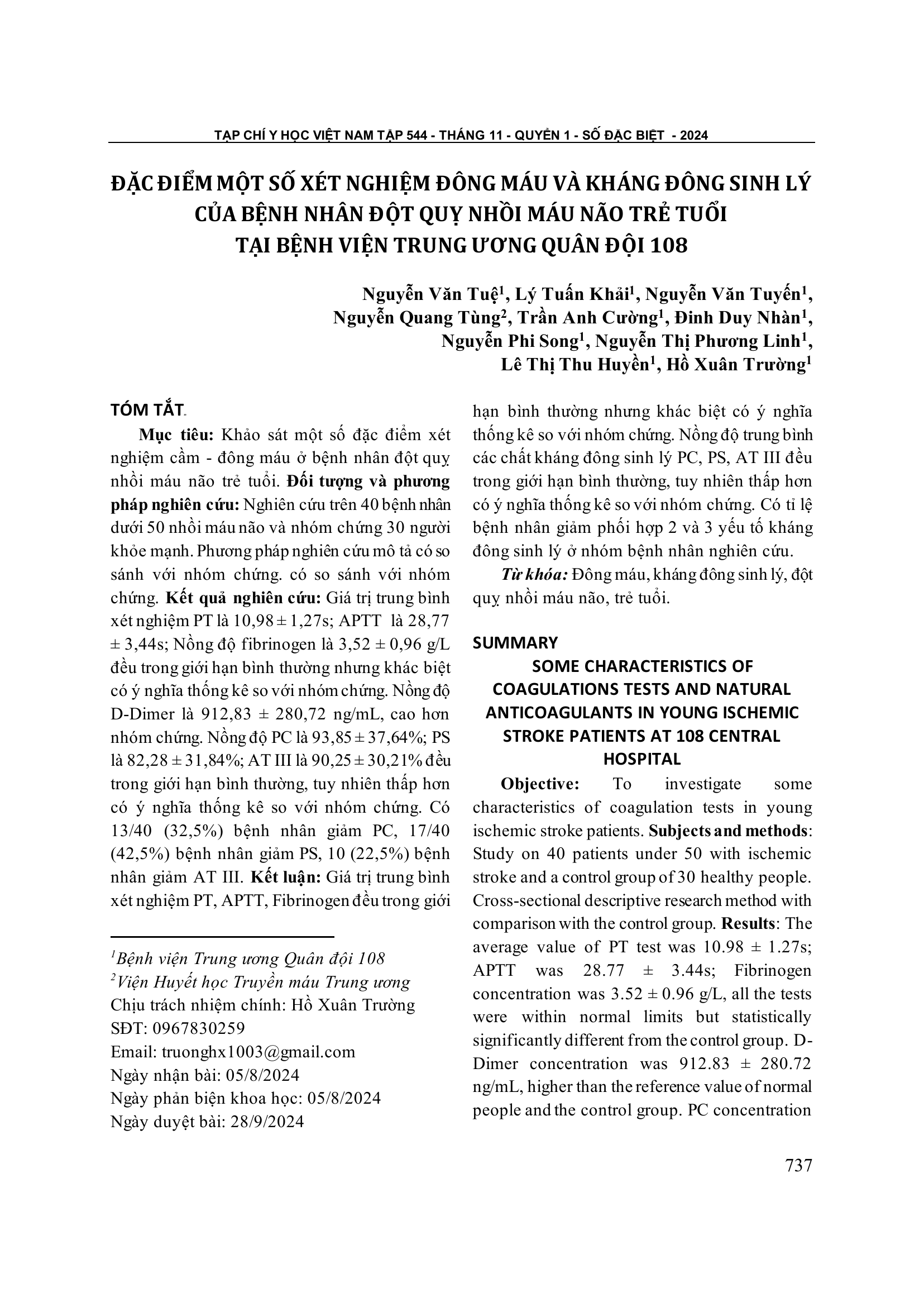 Đặc điểm một số xét nghiệm đông máu và kháng đông sinh lý của bệnh nhân đột quỵ nhồi máu não trẻ tuổi tại bệnh viện Trung ương Quân đội 108