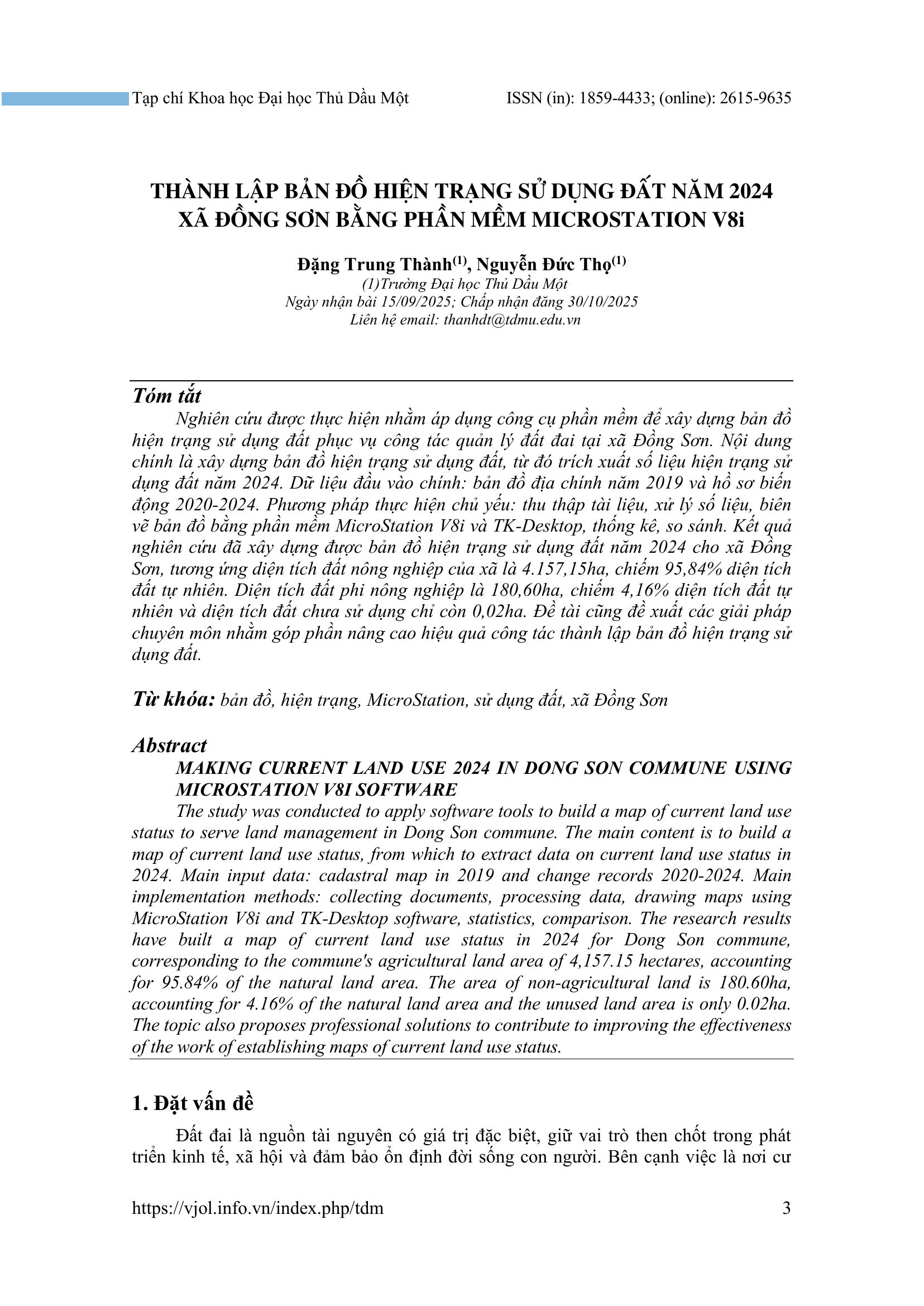 Thành lập bản đồ hiện trạng sử dụng đất năm 2024 xã Đông Sơn bằng phần mềm MicroStation V8i