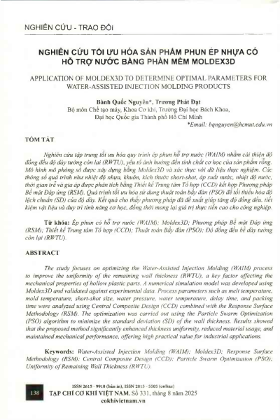 Nghiên cứu tối ưu hóa sản phẩm phun ép nhựa có hỗ trợ nước bằng phần mềm Moldex3D