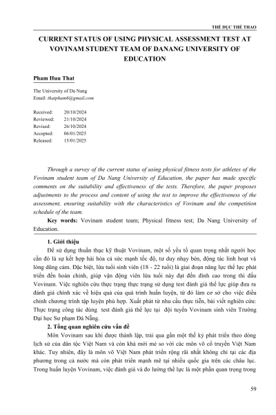 THỰC TRẠNG SỬ DỤNG TEST ĐÁNH GIÁ THỂ LỰC TẠI ĐỘI TUYỂN VOVINAM SINH VIÊN TRƯỜNG ĐẠI HỌC SƯ PHẠM ĐÀ NẴNG