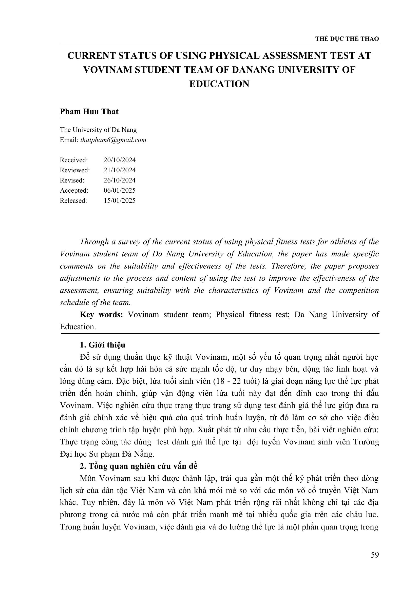 THỰC TRẠNG SỬ DỤNG TEST ĐÁNH GIÁ THỂ LỰC TẠI ĐỘI TUYỂN VOVINAM SINH VIÊN TRƯỜNG ĐẠI HỌC SƯ PHẠM ĐÀ NẴNG