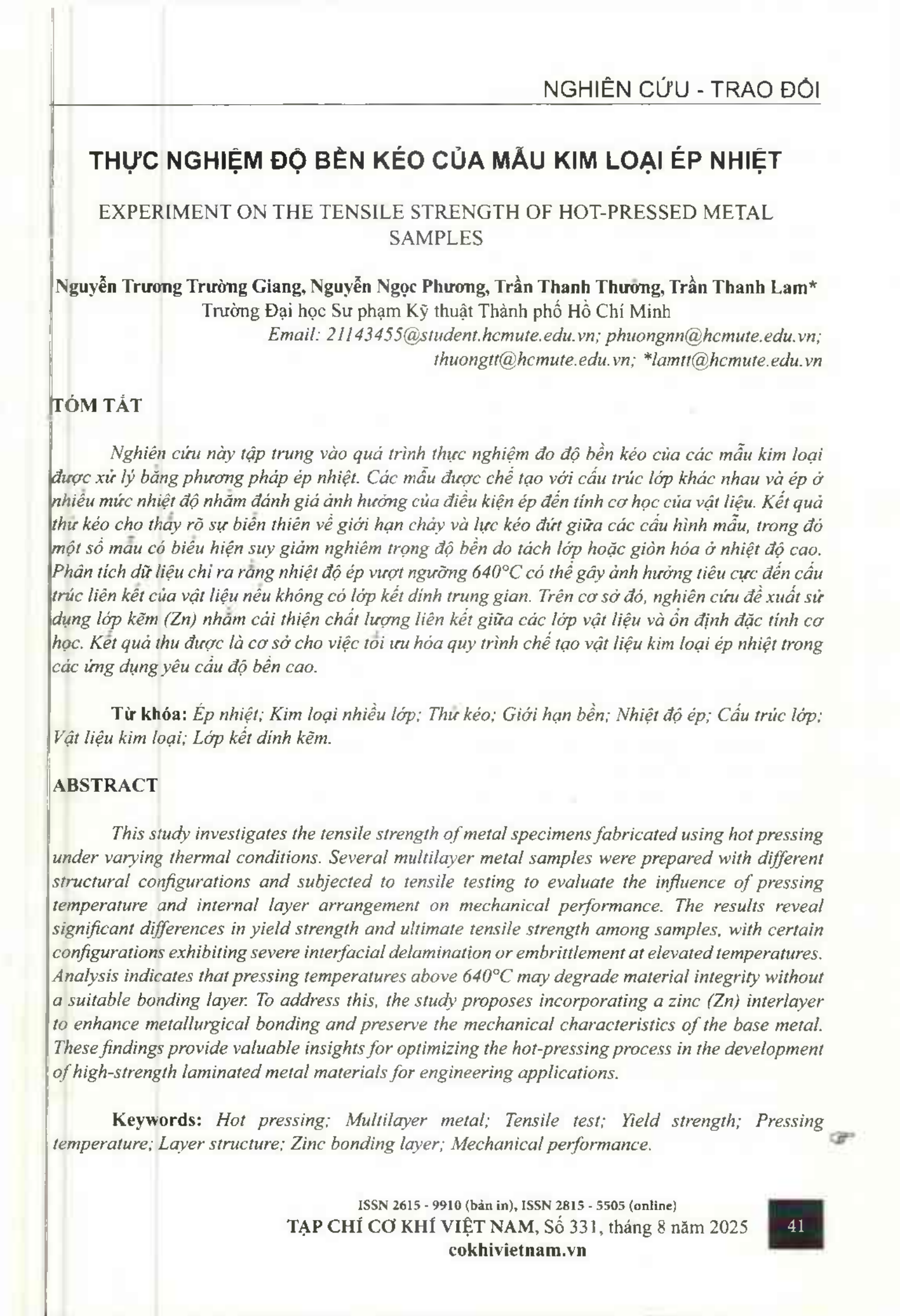 Thực nghiệm độ bền kéo của mẫu kim loại ép nhiệt