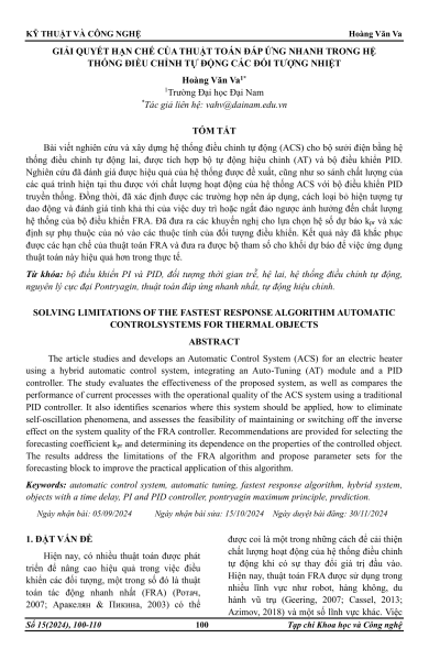 Giải quyết hạn chế của thuật toán đáp ứng nhanh trong hệ thống điều chỉnh tự động các đối tượng nhiệt