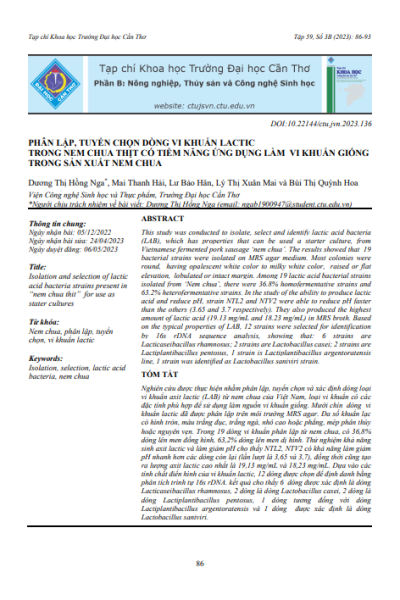 Phân lập, tuyển chọn dòng vi khuẩn lactic trong nem chua thịt có tiềm năng ứng dụng làm vi khuẩn giống trong sản xuất nem chua