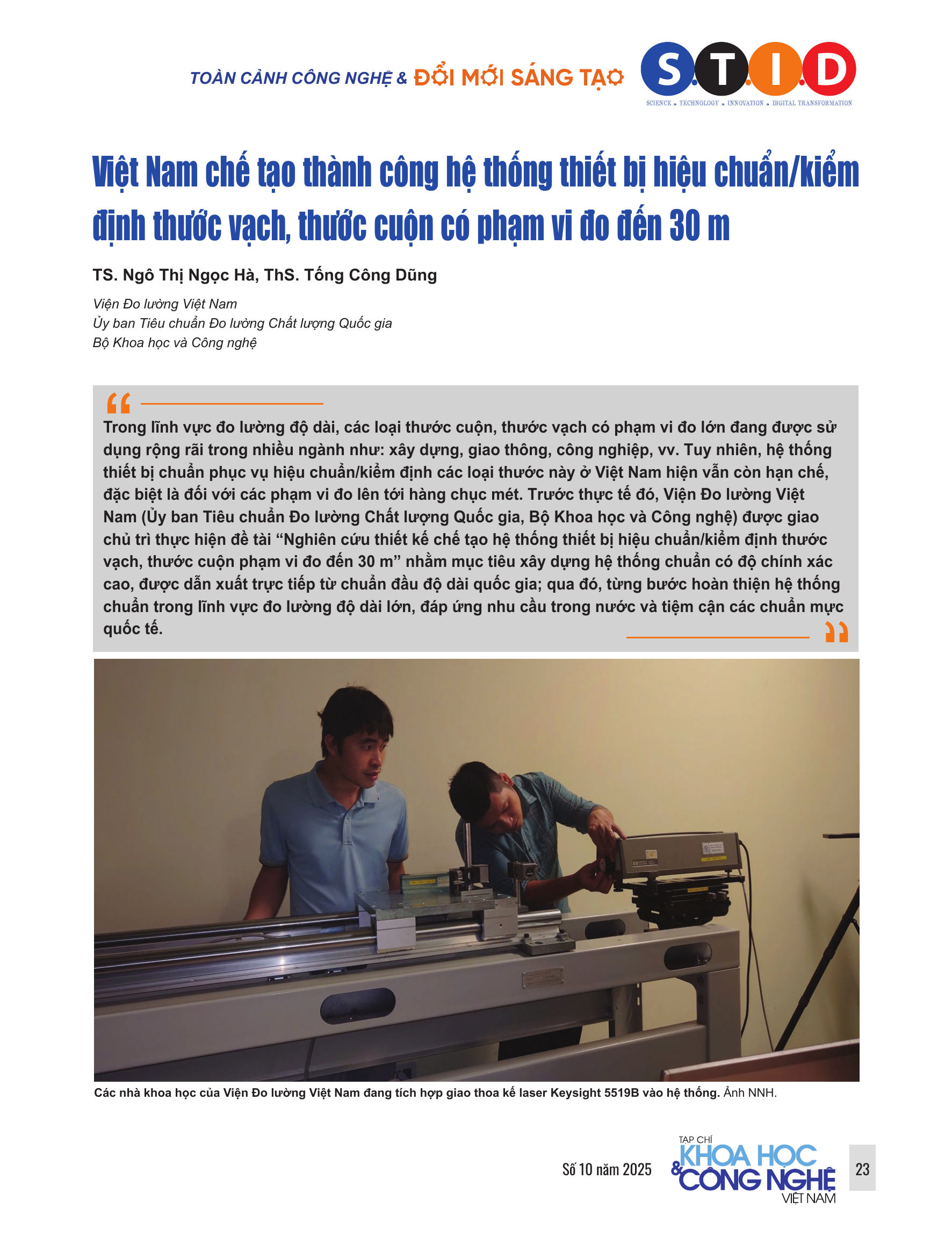 Việt Nam chế tạo thành công hệ thống thiết bị hiệu chuẩn/kiểm định thước vạch, thước cuộn có phạm vi đo đến 30m