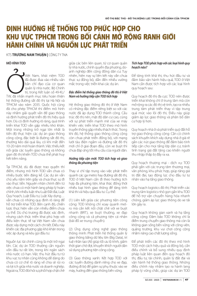 Định hướng hệ thống TOD phù hợp cho khu vực TPHCM trong bối cảnh mở rộng ranh giới hành chính và nguồn lực phát triển