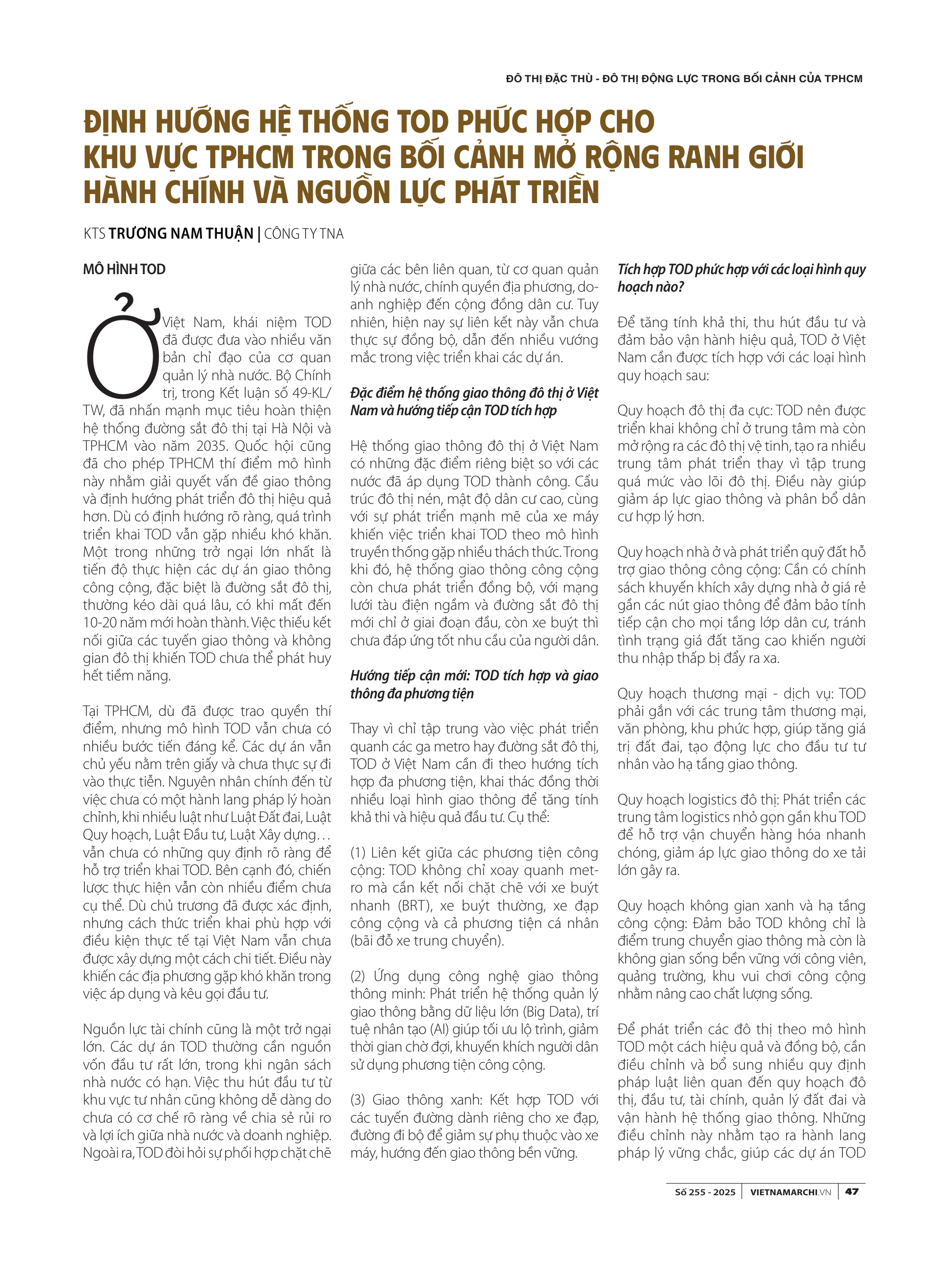 Định hướng hệ thống TOD phù hợp cho khu vực TPHCM trong bối cảnh mở rộng ranh giới hành chính và nguồn lực phát triển
