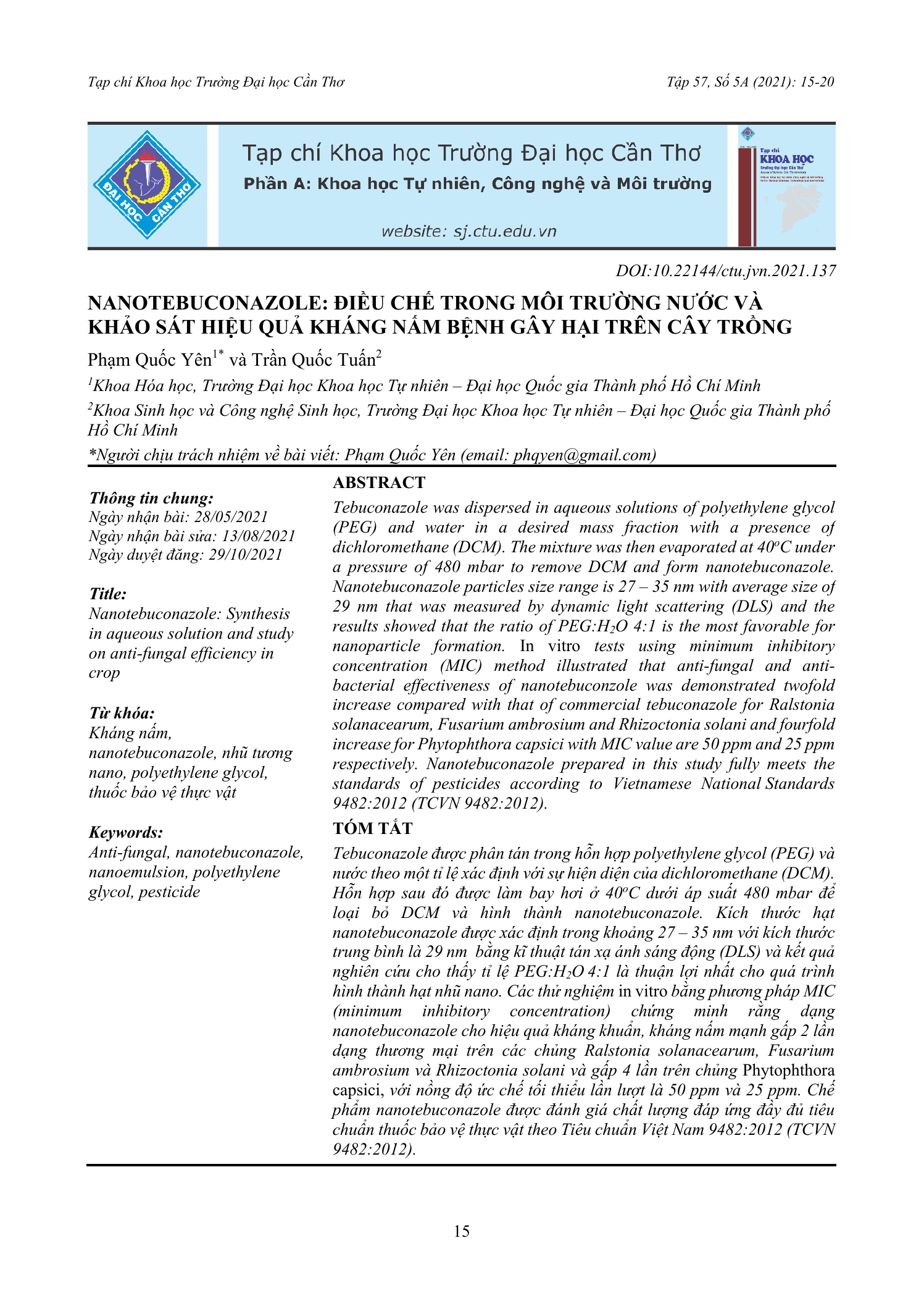 Nanotebuconazole: Điều chế trong môi trường nước và khảo sát hiệu quả kháng nấm bệnh gây hại trên cây trồng