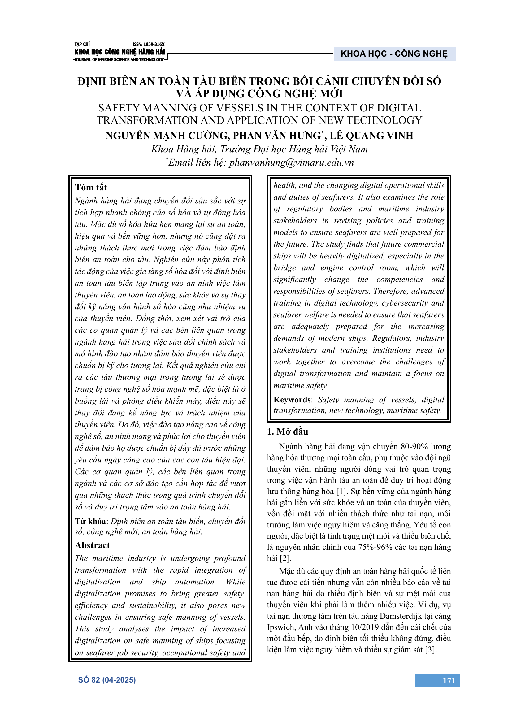 Định biên an toàn tàu biển trong bối cảnh chuyển đổi số và áp dụng công nghệ mới