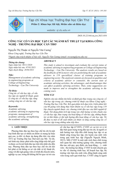 Công tác cố vấn học tập các ngành kỹ thuật tại Khoa Công nghệ - Trường Đại học Cần Thơ