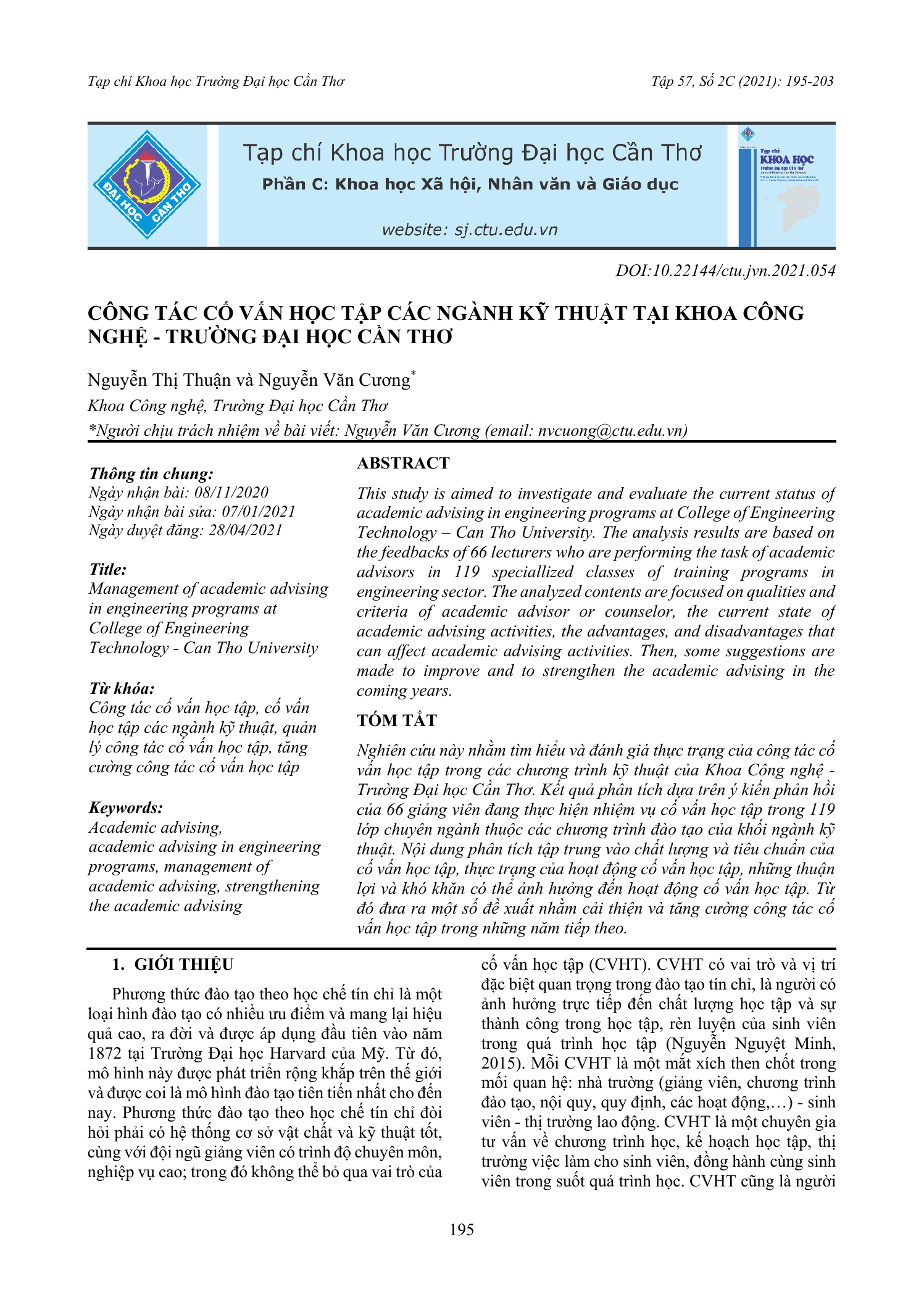 Công tác cố vấn học tập các ngành kỹ thuật tại Khoa Công nghệ - Trường Đại học Cần Thơ