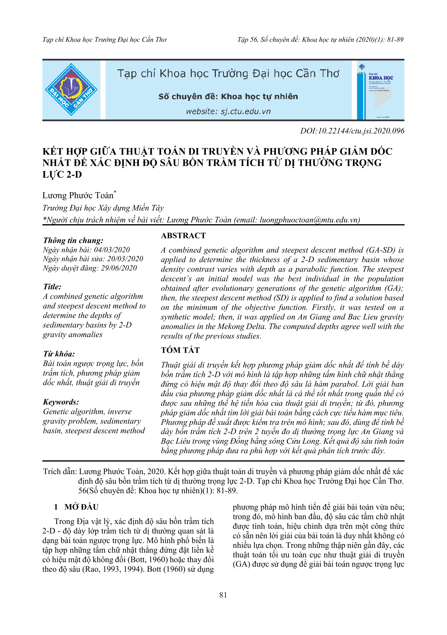 Kết hợp giữa thuật toán di truyền và phương pháp giảm dốc nhất để xác định độ sâu bồn trầm tích từ dị thường trọng lực 2-D