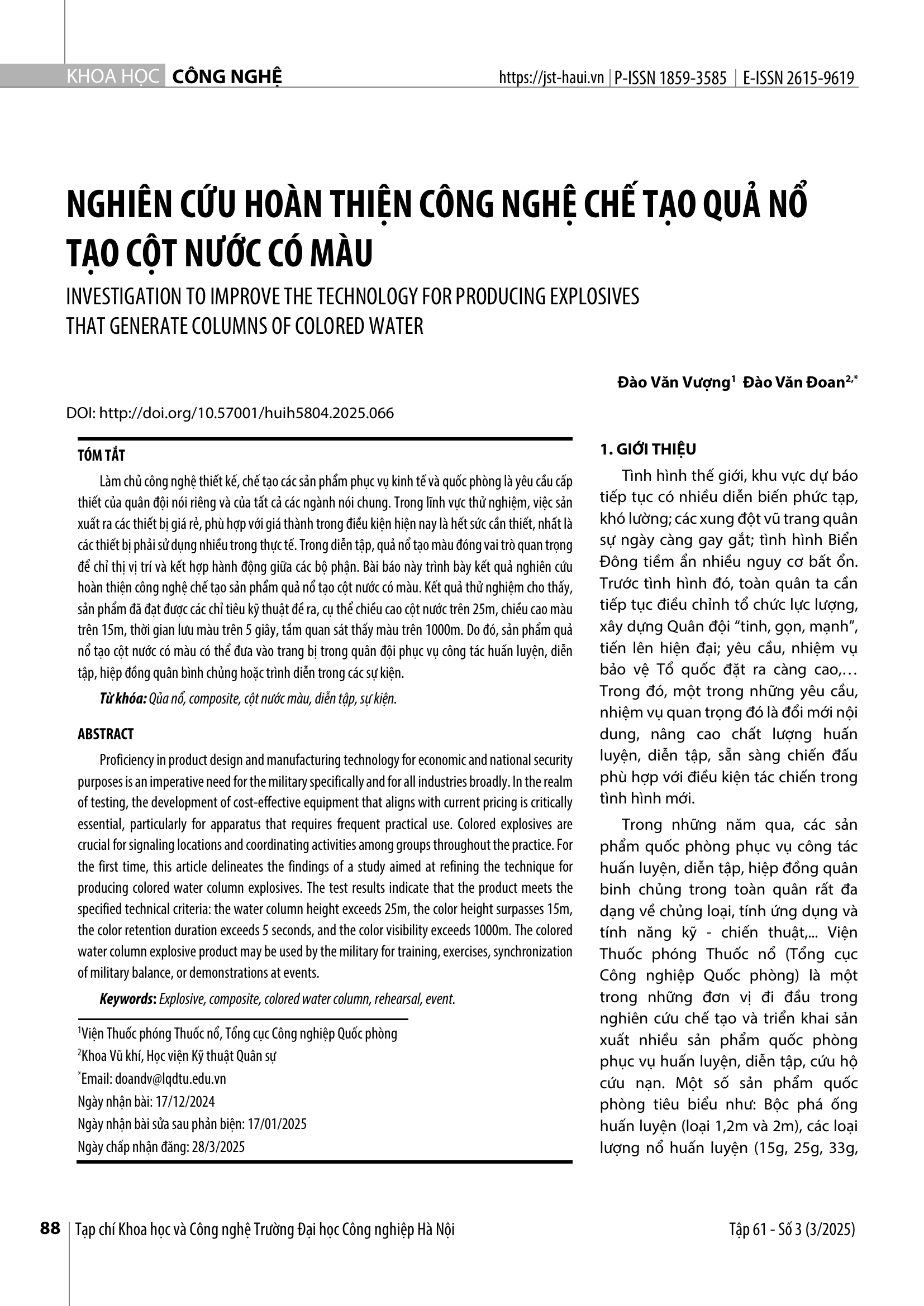 Nghiên cứu hoàn thiện công nghệ chế tạo quả nổ tạo cột nước có màu