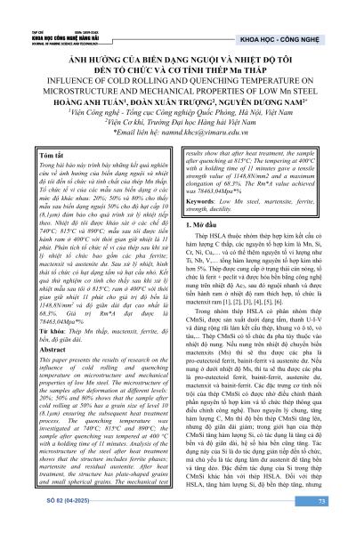 Ảnh hưởng của biến dạng nguội và nhiệt độ tôi đến tổ chức và cơ tính thép Mn thấp