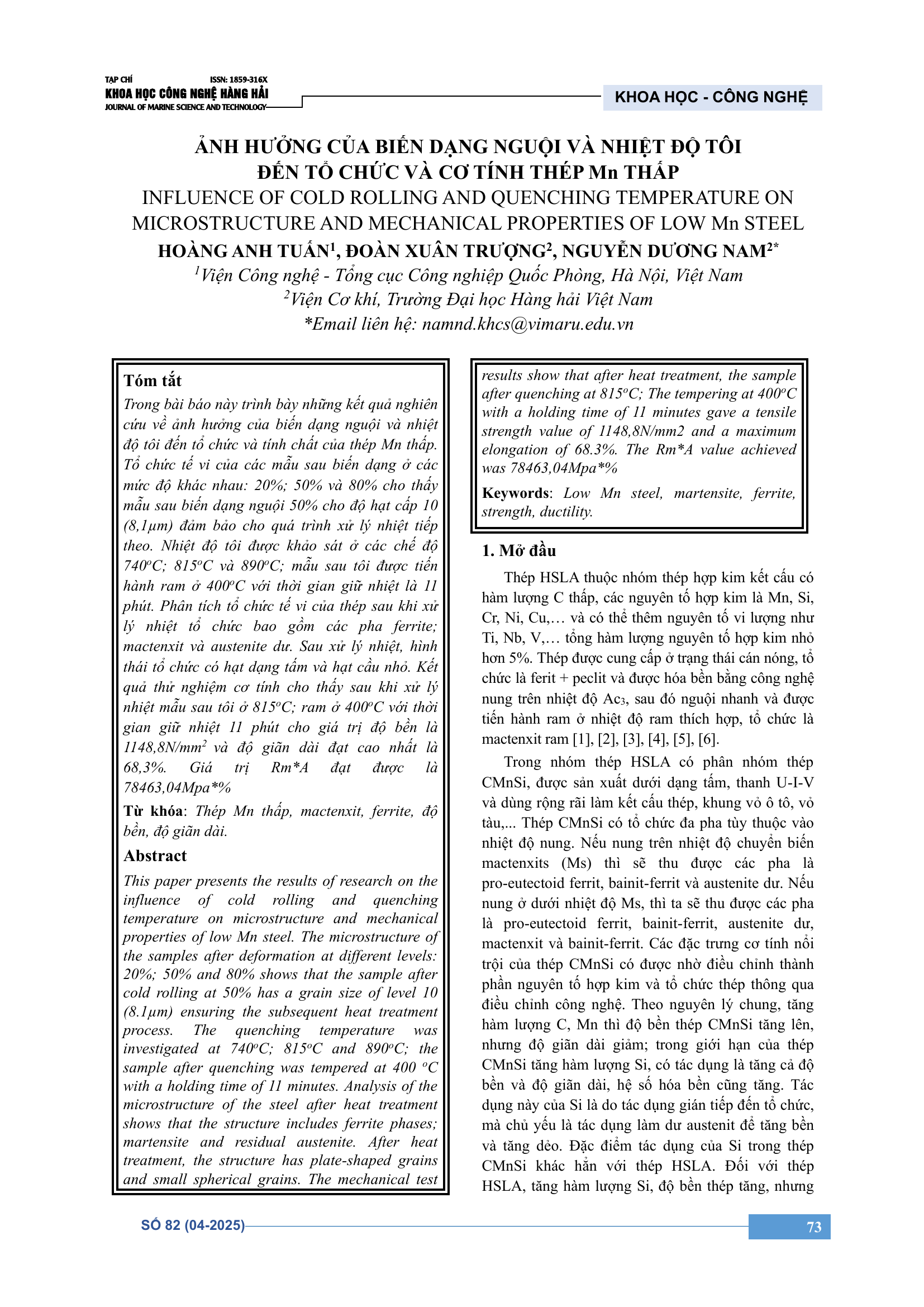 Ảnh hưởng của biến dạng nguội và nhiệt độ tôi đến tổ chức và cơ tính thép Mn thấp