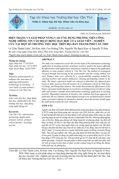 Hiện trạng và giải pháp nâng cao ứng dụng phương tiện công nghệ thông tin vào hoạt động dạy học của giáo viên - Nghiên cứu tại một số trường tiểu học trên địa bàn thành phố Cần Thơ