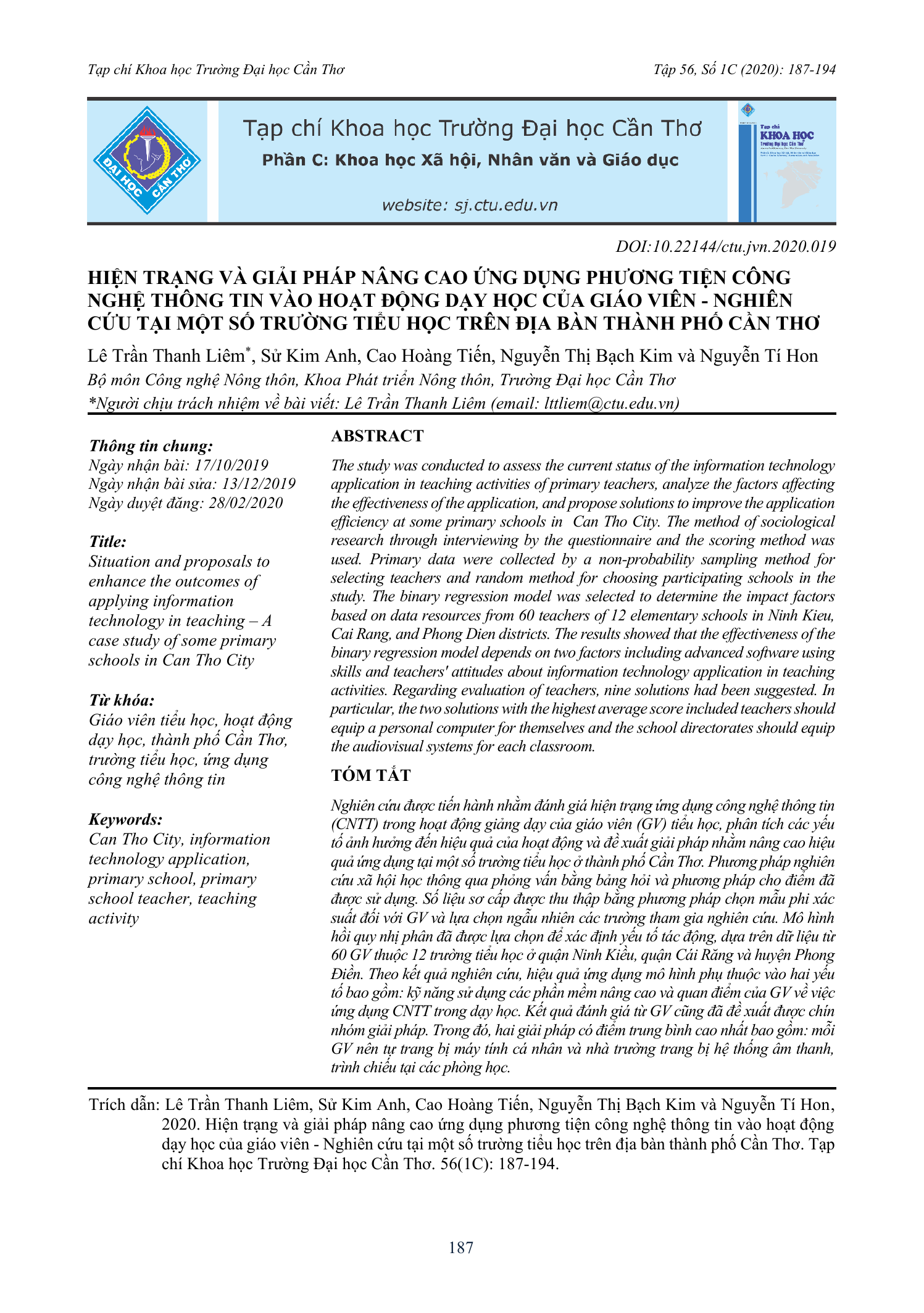 Hiện trạng và giải pháp nâng cao ứng dụng phương tiện công nghệ thông tin vào hoạt động dạy học của giáo viên - Nghiên cứu tại một số trường tiểu học trên địa bàn thành phố Cần Thơ