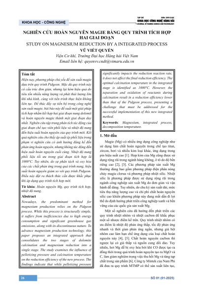 Nghiên cứu hoàn nguyên magie bằng quy trình tích hợp hai giai đoạn