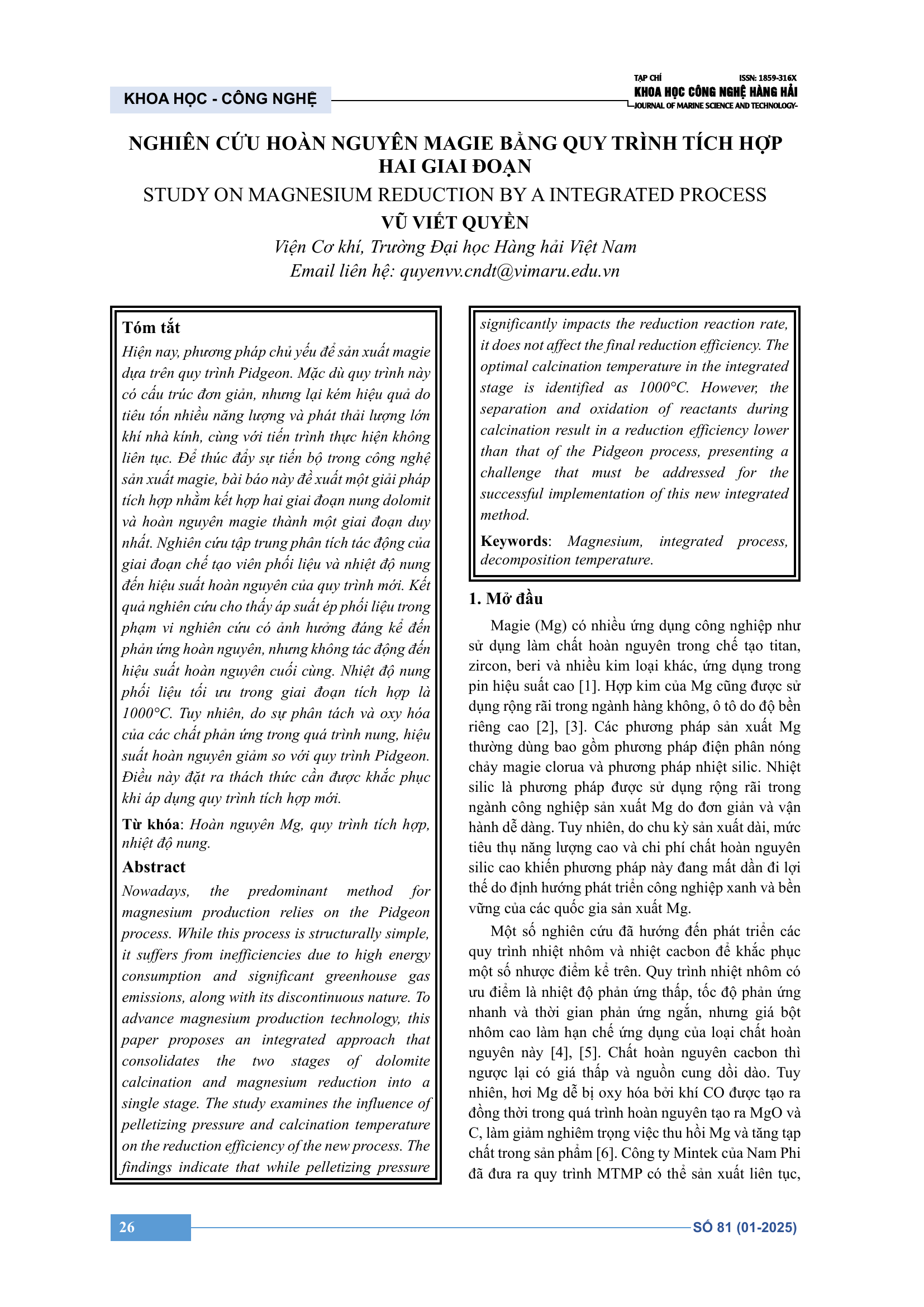 Nghiên cứu hoàn nguyên magie bằng quy trình tích hợp hai giai đoạn