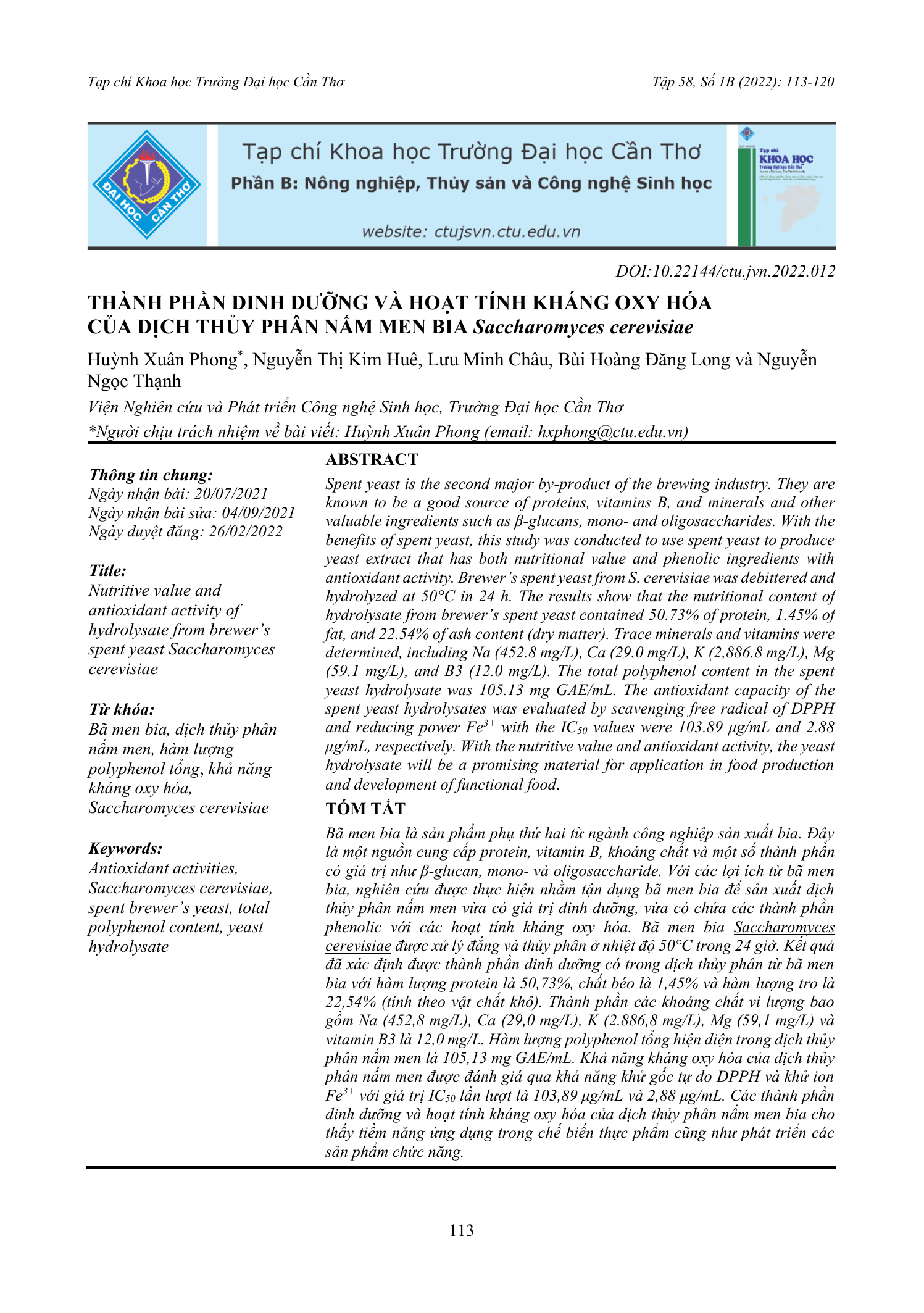 Thành phần dinh dưỡng và hoạt tính kháng oxy hóa của dịch thủy phân nấm men bia Saccharomyces cerevisiae