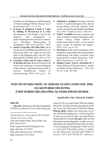 Tuân thủ sử dụng thuốc, tự chăm sóc và chất lượng cuộc sống của người bệnh tiểu đường ở một số bệnh viện cộng đồng tại thành phố Hồ Chí Minh