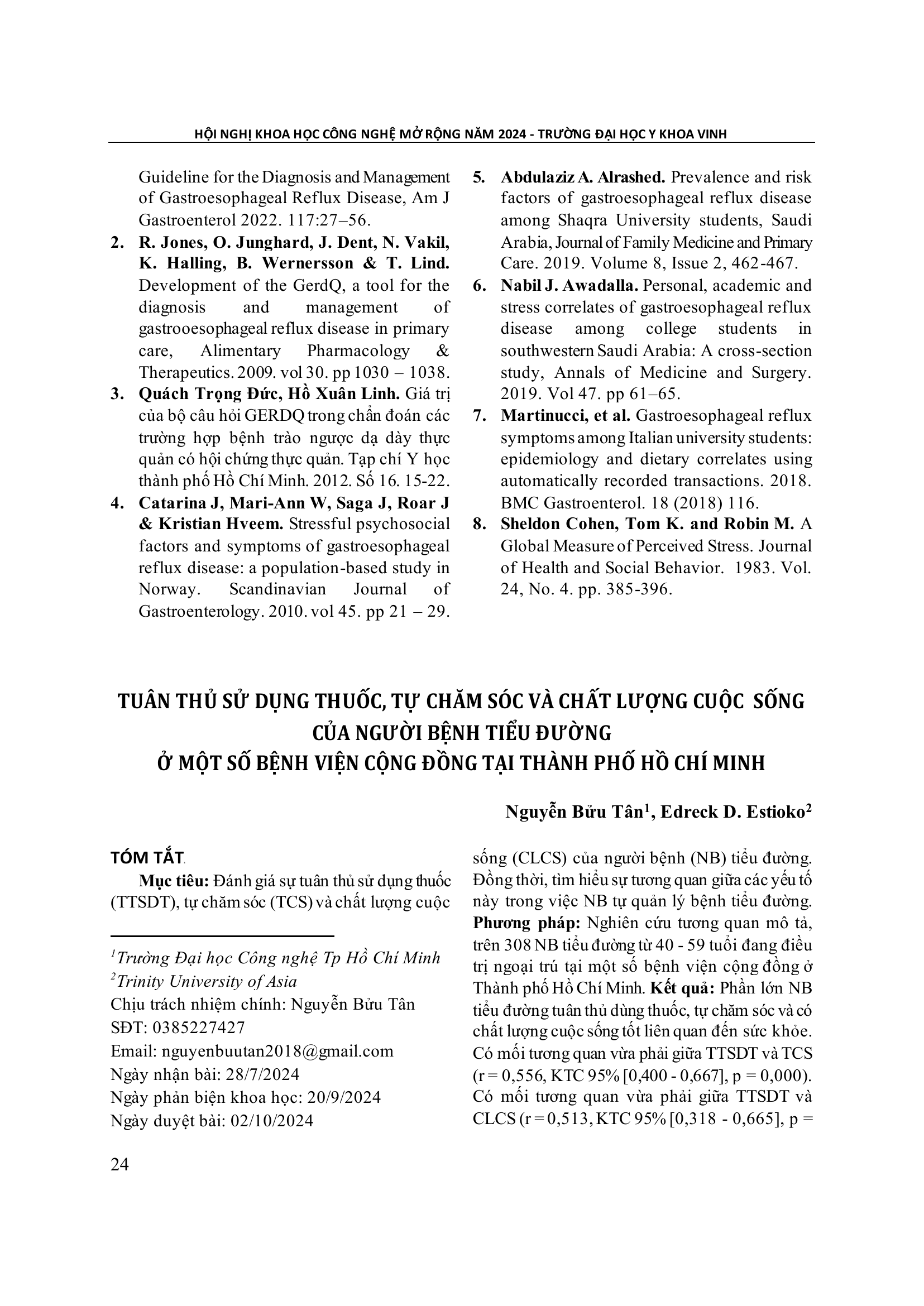 Tuân thủ sử dụng thuốc, tự chăm sóc và chất lượng cuộc sống của người bệnh tiểu đường ở một số bệnh viện cộng đồng tại thành phố Hồ Chí Minh