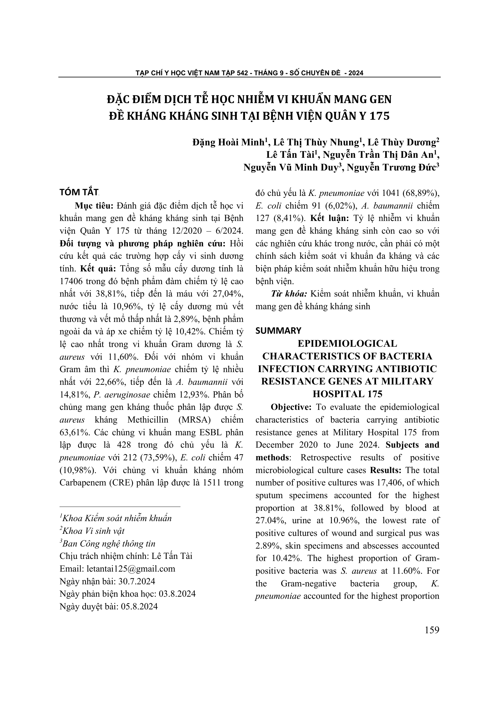 Đặc điểm dịch tễ học nhiễm vi khuẩn mang gen đề kháng kháng sinh tại Bệnh viện Quân Y 175