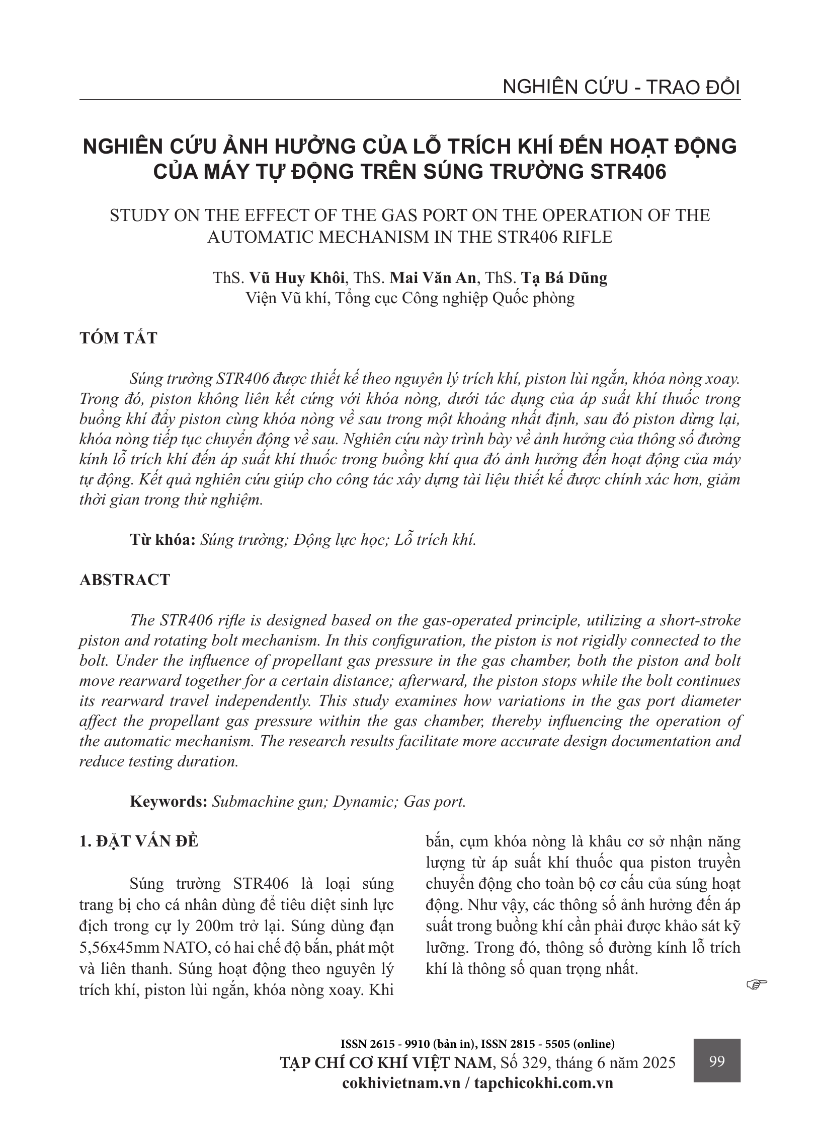 Nghiên cứu ảnh hưởng của lỗ trích khí đến hoạt động của máy tự động trên súng trường STR406