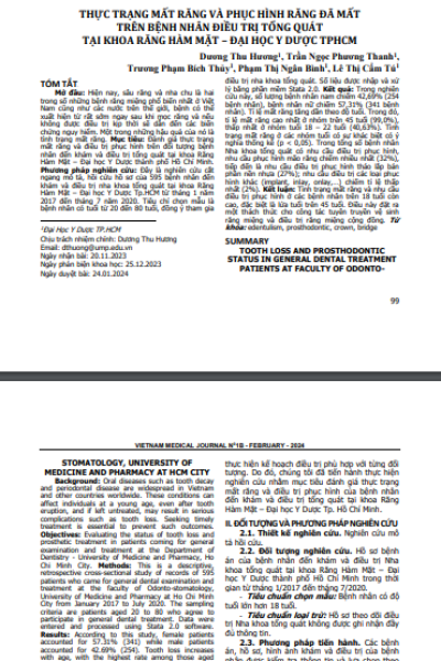 Thực trạng mất răng và phục hình răng đã mất trên bệnh nhân điều trị tổng quát tại khoa Răng Hàm Mặt – Đại học Y Dược TPHCM