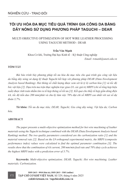 Tối ưu hóa đa mục tiêu quá trình gia công da bằng dây nóng sử dụng phương pháp Taguchi – DEAR