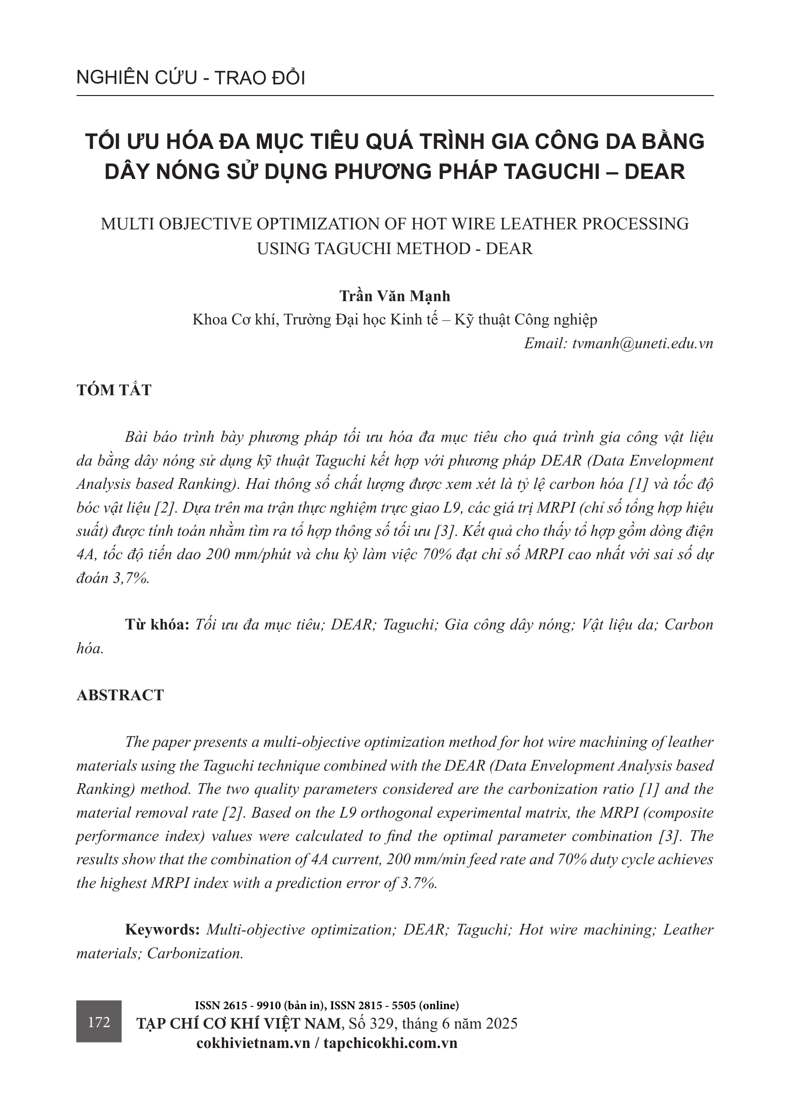 Tối ưu hóa đa mục tiêu quá trình gia công da bằng dây nóng sử dụng phương pháp Taguchi – DEAR