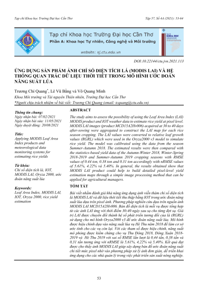 Ứng dụng sản phẩm ảnh chỉ số diện tích lá (MODIS LAI) và hệ thống quan trắc dữ liệu thời tiết trong mô hình ước đoán năng suất lúa