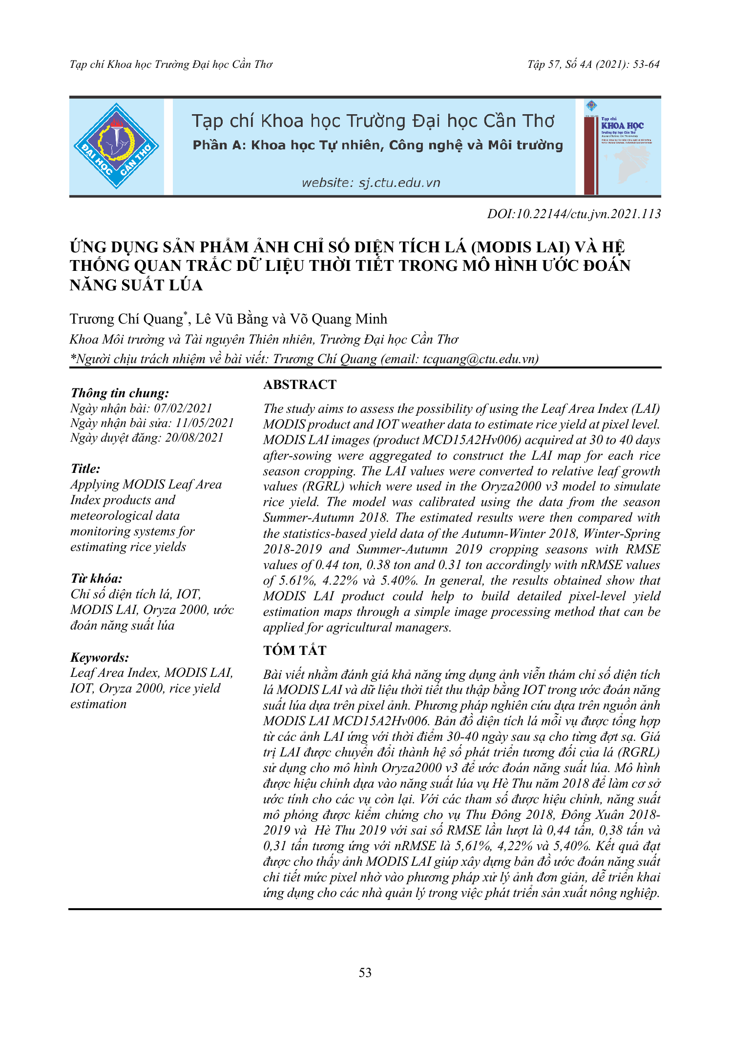 Ứng dụng sản phẩm ảnh chỉ số diện tích lá (MODIS LAI) và hệ thống quan trắc dữ liệu thời tiết trong mô hình ước đoán năng suất lúa