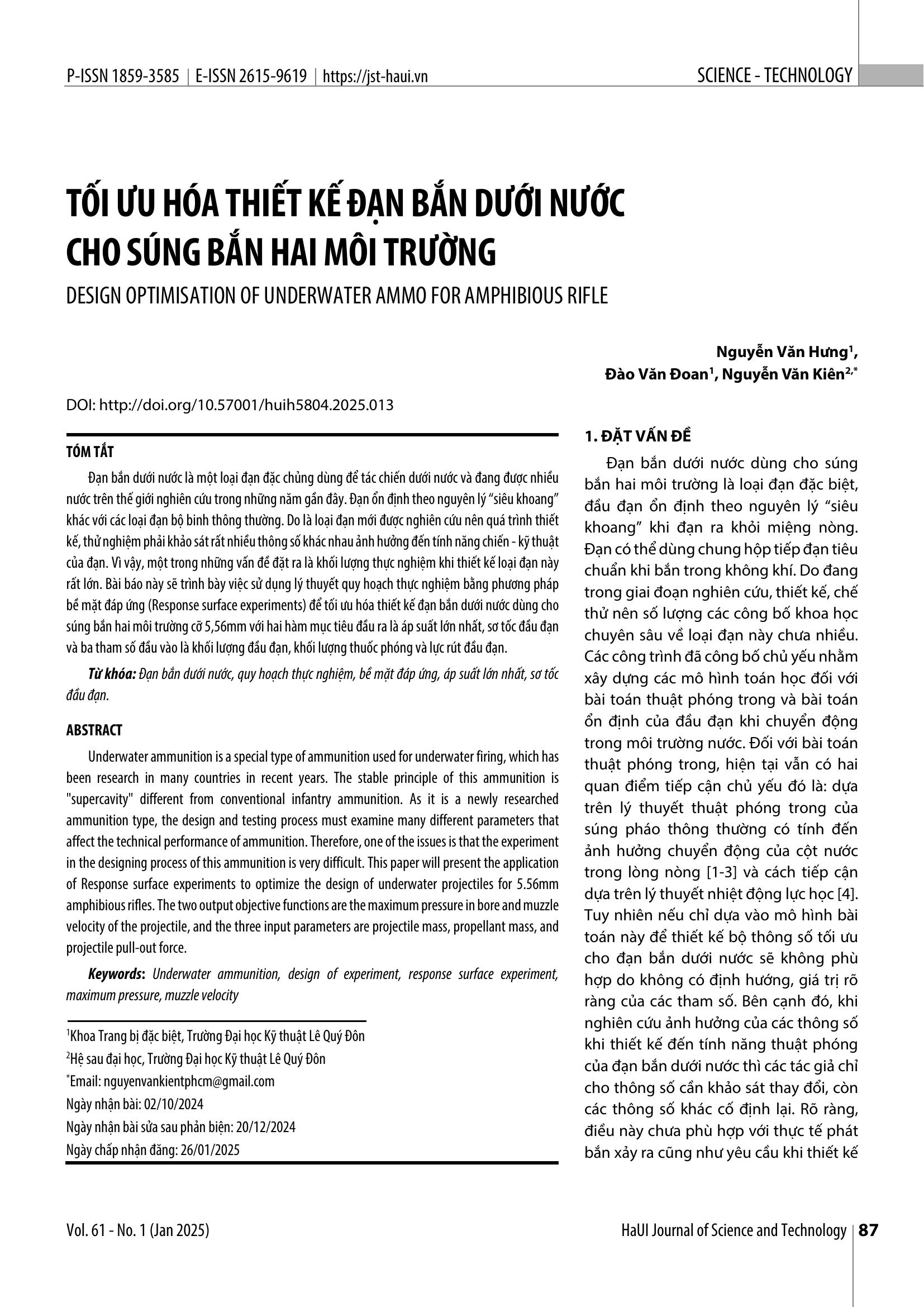 Tối ưu hóa thiết kế đạn bắn dưới nước cho súng bắn hai môi trường