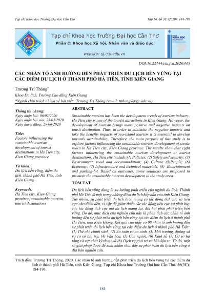 Các nhân tố ảnh hưởng đến phát triển du lịch bền vững tại các điểm du lịch ở thành phố Hà Tiên, tỉnh Kiên Giang