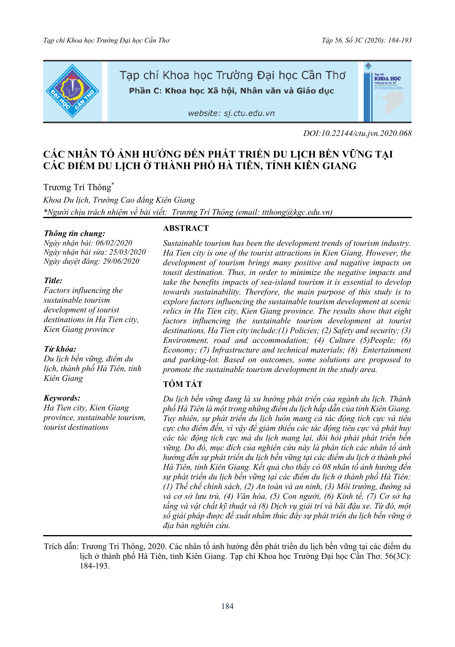 Các nhân tố ảnh hưởng đến phát triển du lịch bền vững tại các điểm du lịch ở thành phố Hà Tiên, tỉnh Kiên Giang