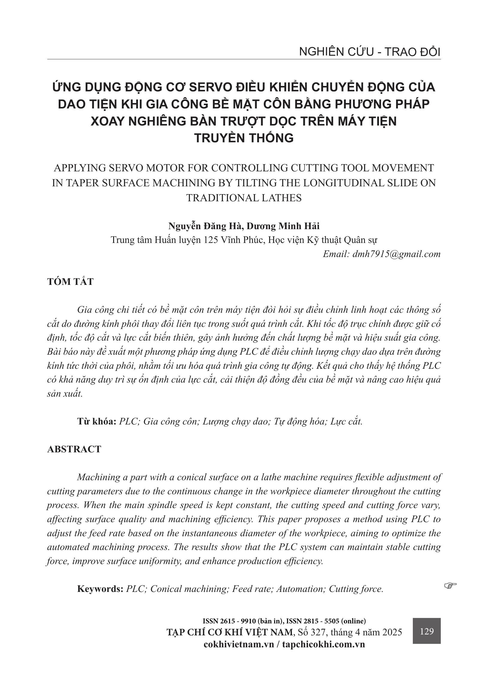 Ứng dụng động cơ servo điều khiển chuyển động của dao tiện khi gia công bề mặt côn bằng phương pháp xoay nghiêng bàn trượt dọc trên máy tiện truyền thống