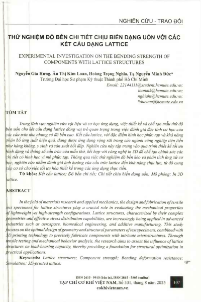 Thử nghiệm độ bền chi tiết chịu biến dạng uốn với các kết cấu dạng lattice