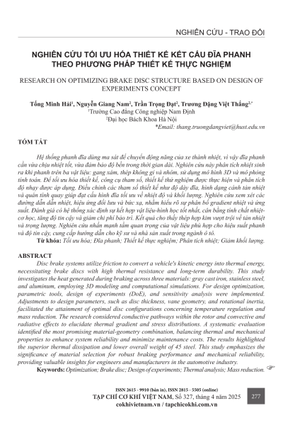 Nghiên cứu tối ưu hóa thiết kế kết cấu đĩa phanh theo phương pháp thiết kế thực nghiệm