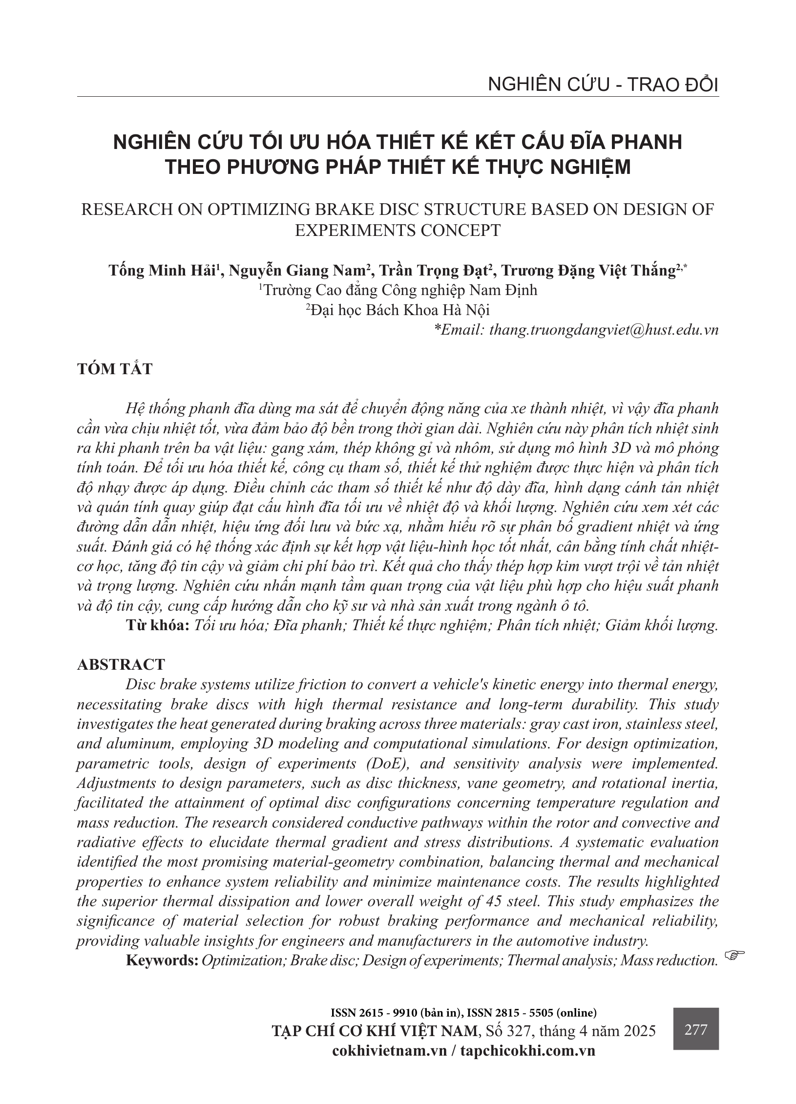 Nghiên cứu tối ưu hóa thiết kế kết cấu đĩa phanh theo phương pháp thiết kế thực nghiệm