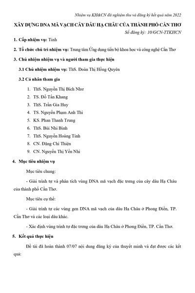 Xây dựng DNA mã vạch cây dâu Hạ Châu của thành phố Cần Thơ (2022)