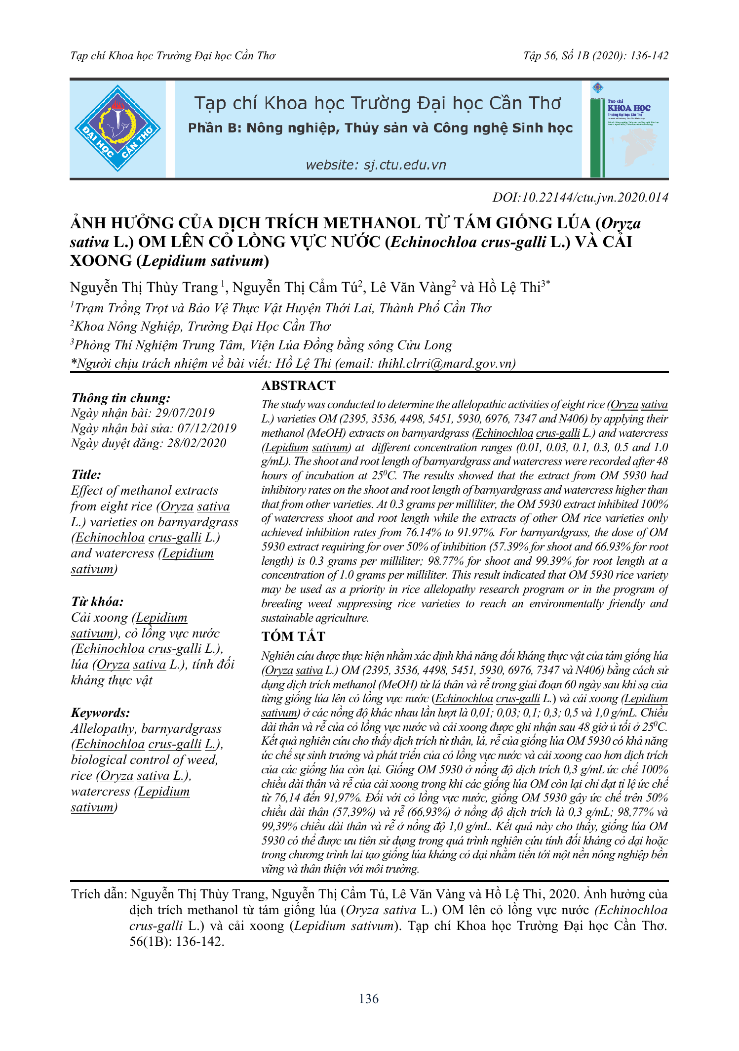 Ảnh hưởng của dịch trích methanol từ tám giống lúa (Oryza sativa L.) OM lên cỏ lồng vực nước (Echinochloa crus-galli L.) và cải xoong (Lepidium sativum)