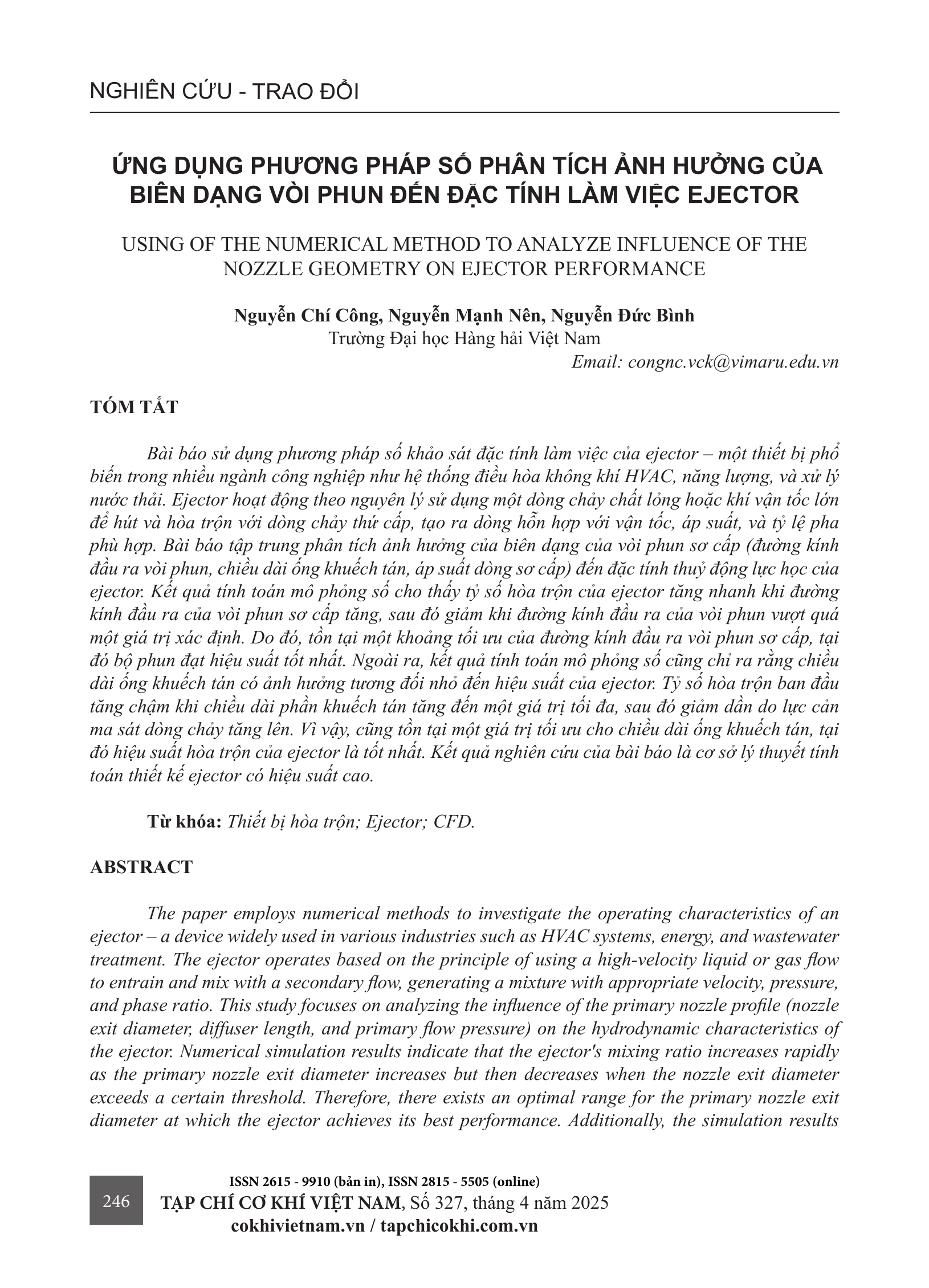 Ứng dụng phương pháp số phân tích ảnh hưởng của biến dạng vòi phun đến đặc tính làm việc ejector