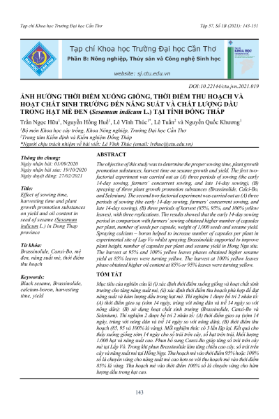 Ảnh hưởng thời điểm xuống giống, thời điểm thu hoạch và hoạt chất sinh trưởng đến năng suất và chất lượng dầu trong hạt mè đen (Sesamum indicum L.) tại tỉnh Đồng Tháp